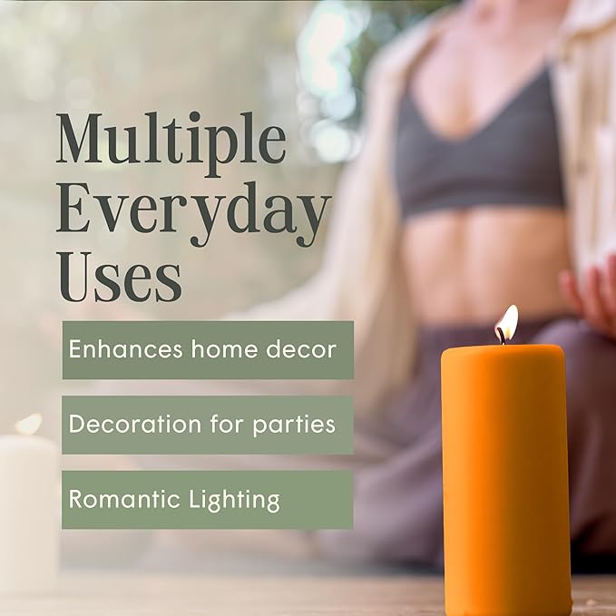 Mister Candle Dripless Unscented Pillar Candles, Set of 3 Hand Poured Orange Pillar Candles, Solid Color Non-Scented Candles for Home Decor, Premium Wax, 80 Hr Burn Time, 3x6 Inch