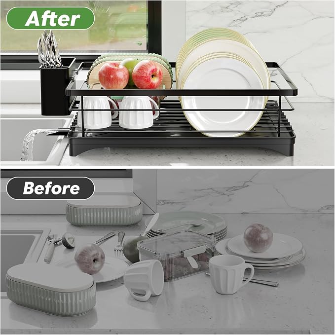 Simple Trending Dish Drying Rack, Stainless Steel Dish Rack for Kitchen Counter, Space-Saving Dish Drainer with Utensil Holder and Drainboard, 12''W x 17''L, Black