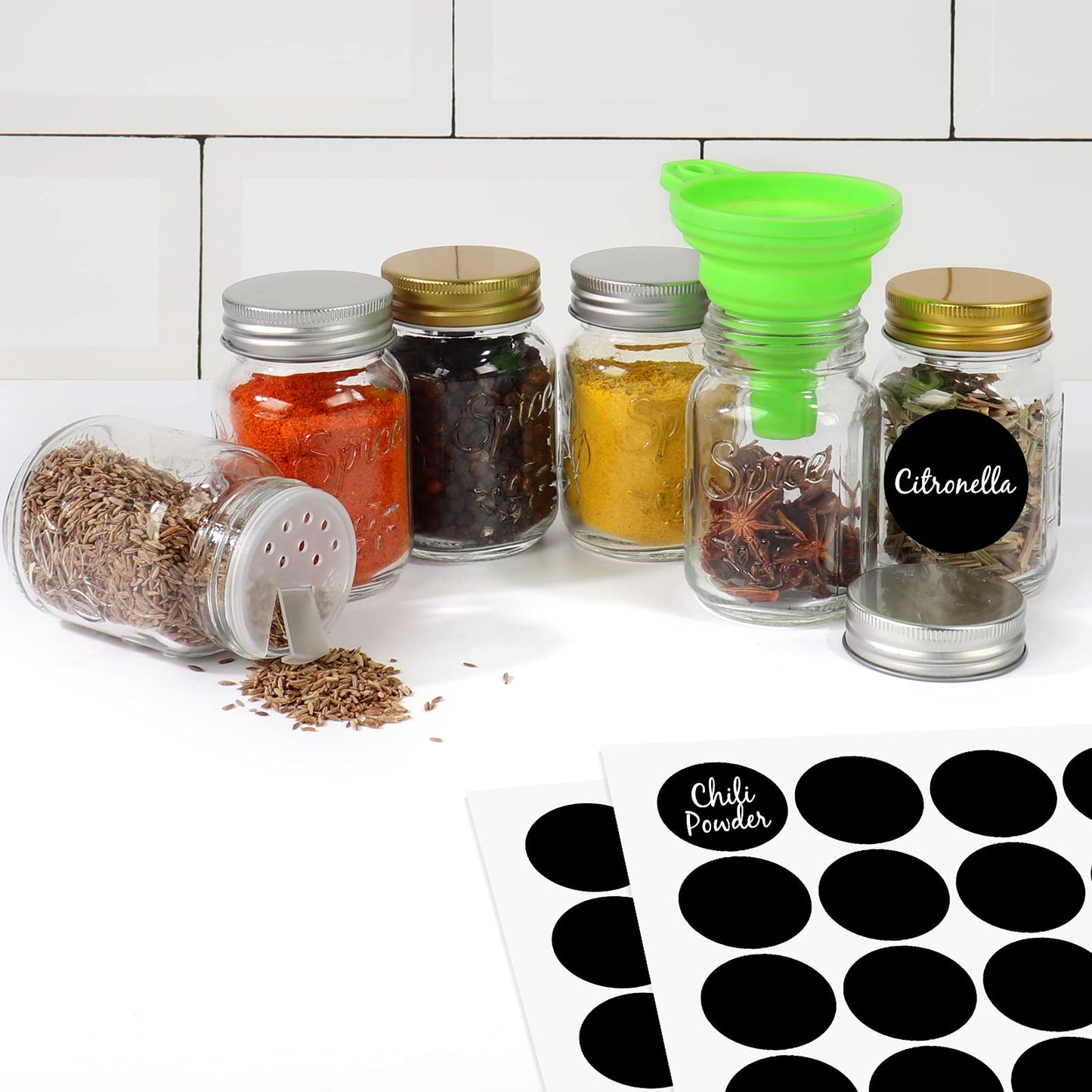 CycleMore 15 Pack 4oz Glass Mason Spice Jars, Round Spice Containers with Silver Metal Caps and Pour/Sift Shaker Lids-40pcs Labels,1pcs Silicone Collapsible Funnel,1pack Brush and 1 Pen Included