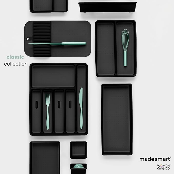 madesmart Knife Mat, Compact Soft-Grip Slot Organizer for 5 Knives, Non-Slip Drawer Insert Protects Blades and Maximizes Space, Carbon