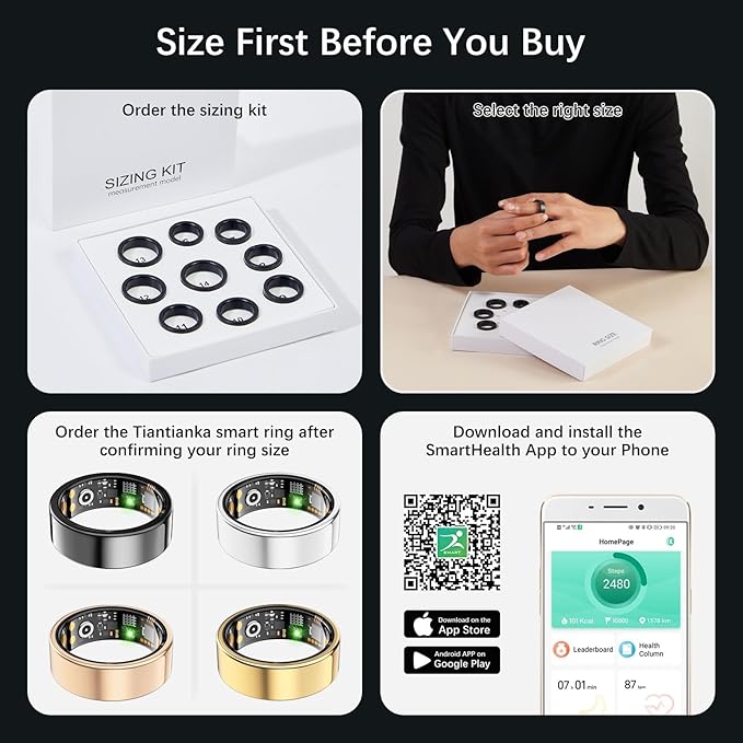 Ring Health Tracker for Women Men, Fitness Tracker with Heart Rate, Blood Oxygen, Sleep Monitor, Calories, Step Counter, IP68 Waterproof Smart Ring for iPhone & Android, No Subscription Fee (Gold, 9#)