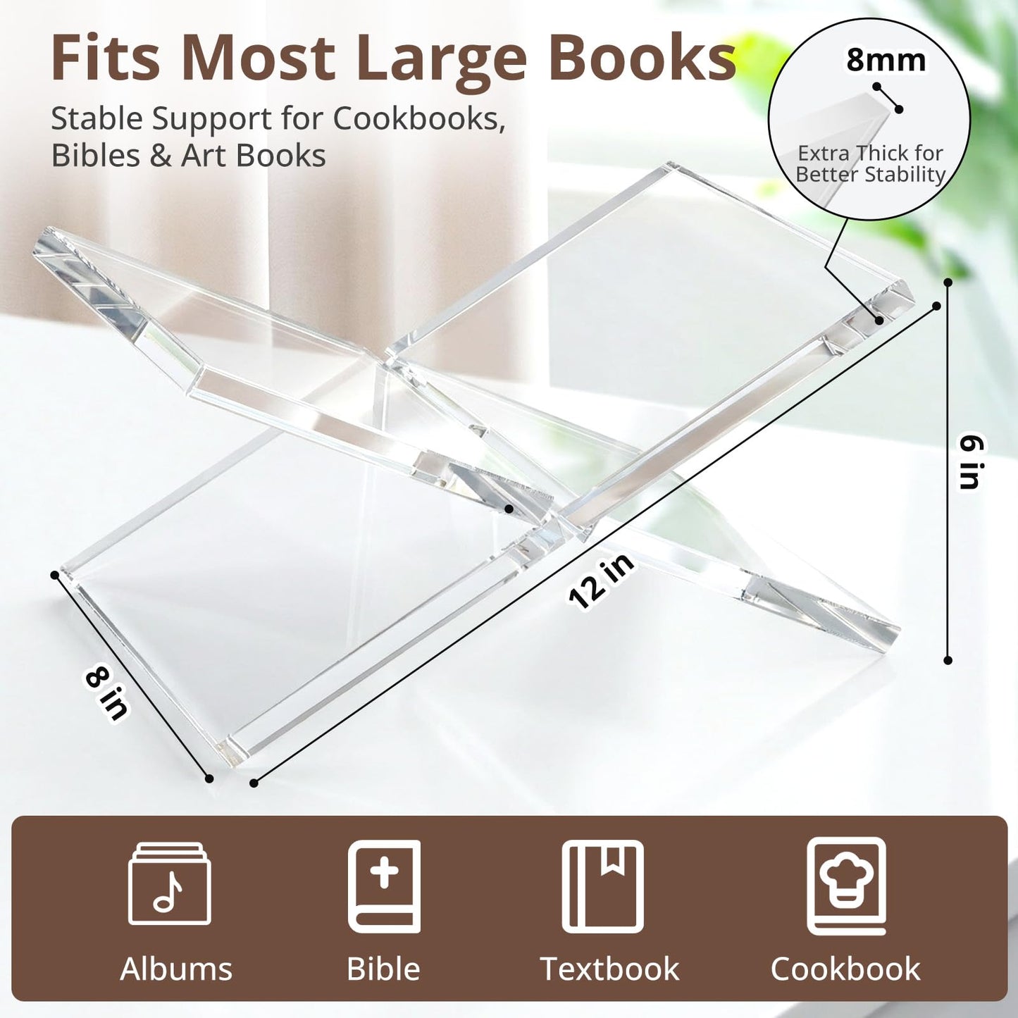 Acrylic Book Stand 12×8×6, Clear 8 mm Thick Book Holder & Display Stand for Cookbooks, Bibles, Art Books, Recipe Books, Photo Albums, Desk Reading & Coffee Table Décor