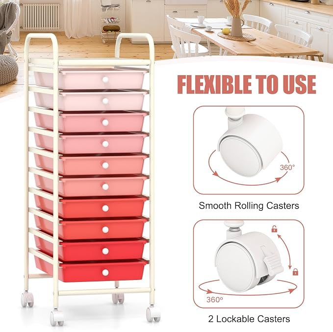 MEDIMALL 10 Drawers Rolling Storage Cart, Multipurpose Craft Storage Cart with Wheels, Mobile Tools Scrapbook Paper Organizer Cart for Office School Home Use