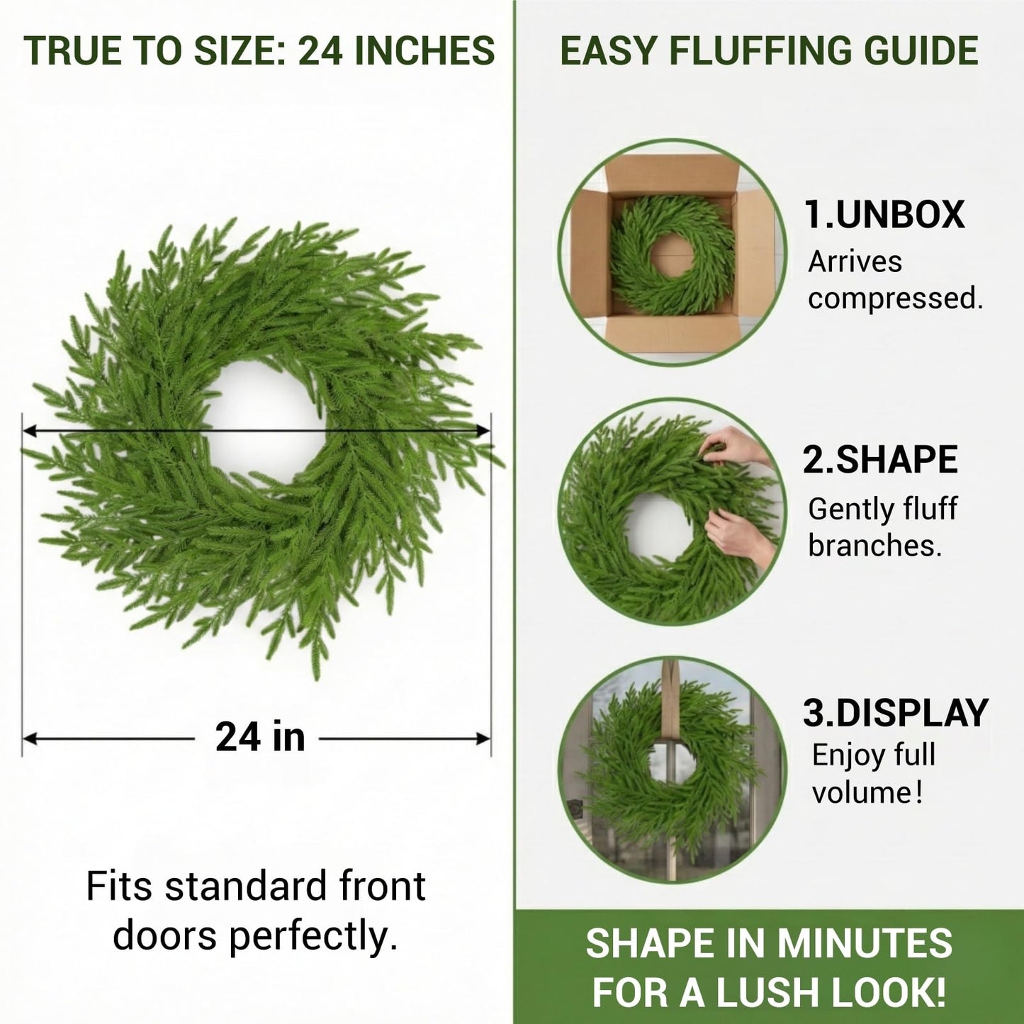 24" Real Touch Norfolk Pine Wreath for Front Door – Artificial Winter Greenery & Farmhouse Wall Decor, All Season Faux Evergreen Round Garland for Spring, Mantel & DIY Base (Waterproof)