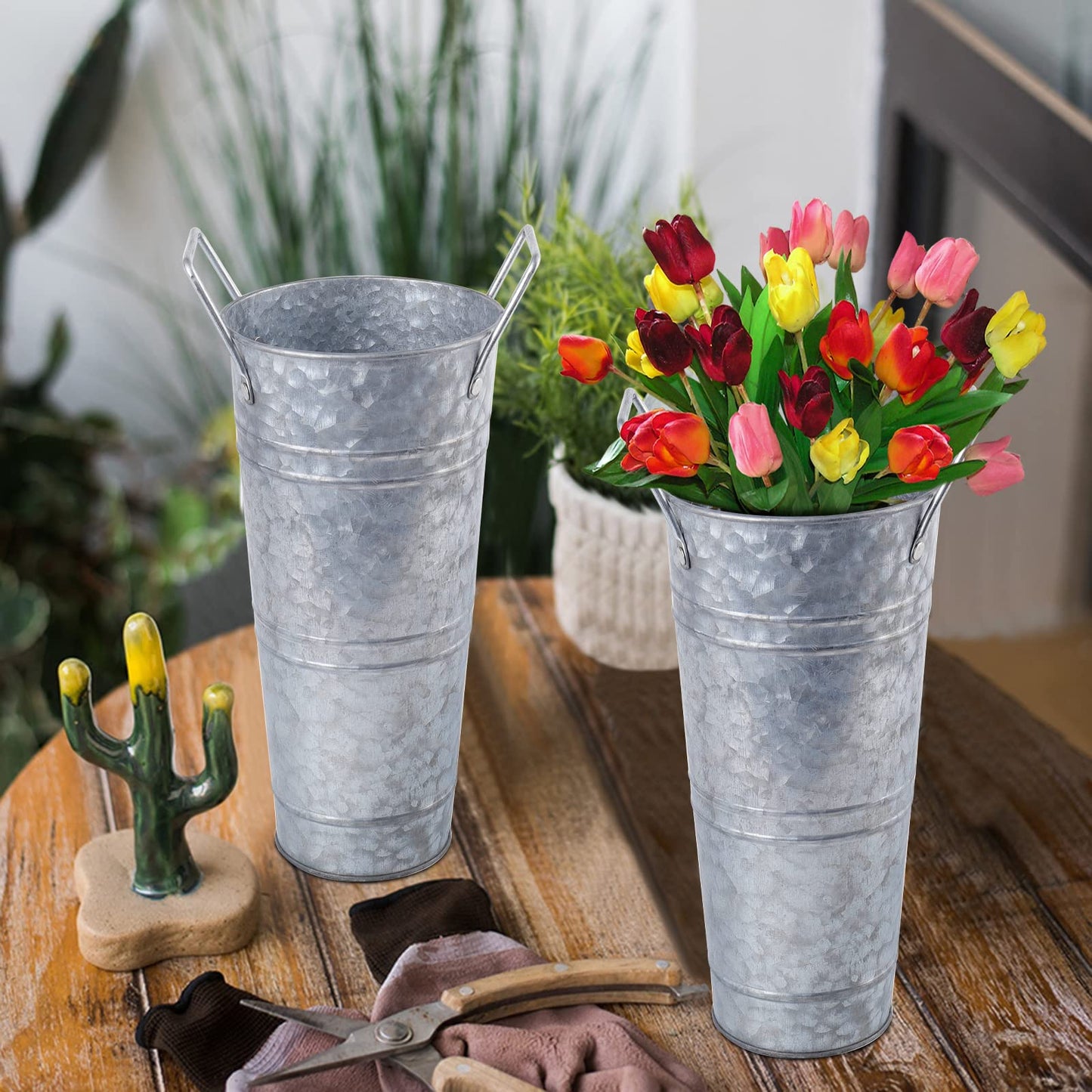 ZOOFOX Set of 4 Galvanized Metal Vases, 9" Farmhouse French Bucket with Handles, Rustic Style Metal Flower Holder for Home and Wedding Table Centerpiece Decor, with Plastic Liner/Insert Included