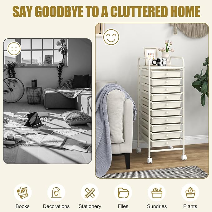 COSTWAY 10-Drawer Rolling Storage Cart, Utility Mobile Trolley with Removable Drawers & Universal Casters & 2 Brakes, Versatile Flexible Drawer Organizer Cart for Home, Office, White
