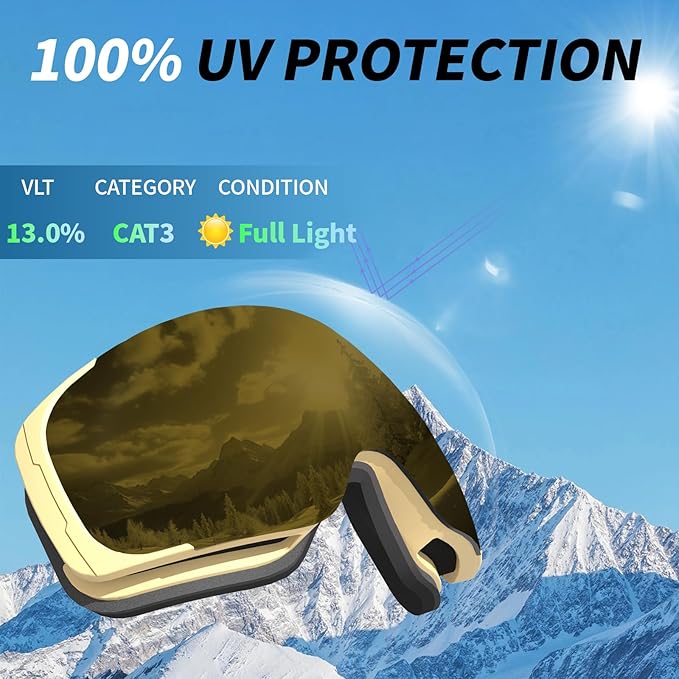Ski Goggles for Men Women Adult & Youth, OTG Snowboard Goggles Anti Fog, Snow Goggles UV Protection Wide Vision
