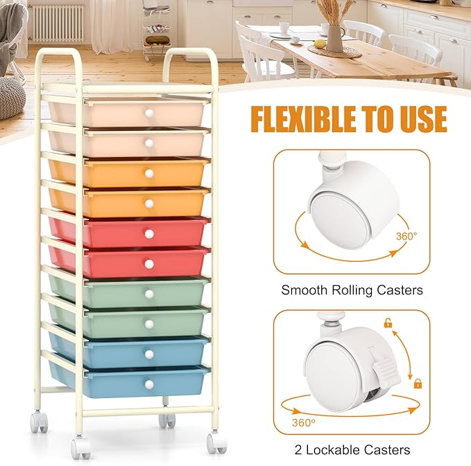 MEDIMALL 10 Drawers Rolling Storage Cart, Multipurpose Craft Storage Cart with Wheels, Mobile Tools Scrapbook Paper Organizer Cart for Office School Home Use