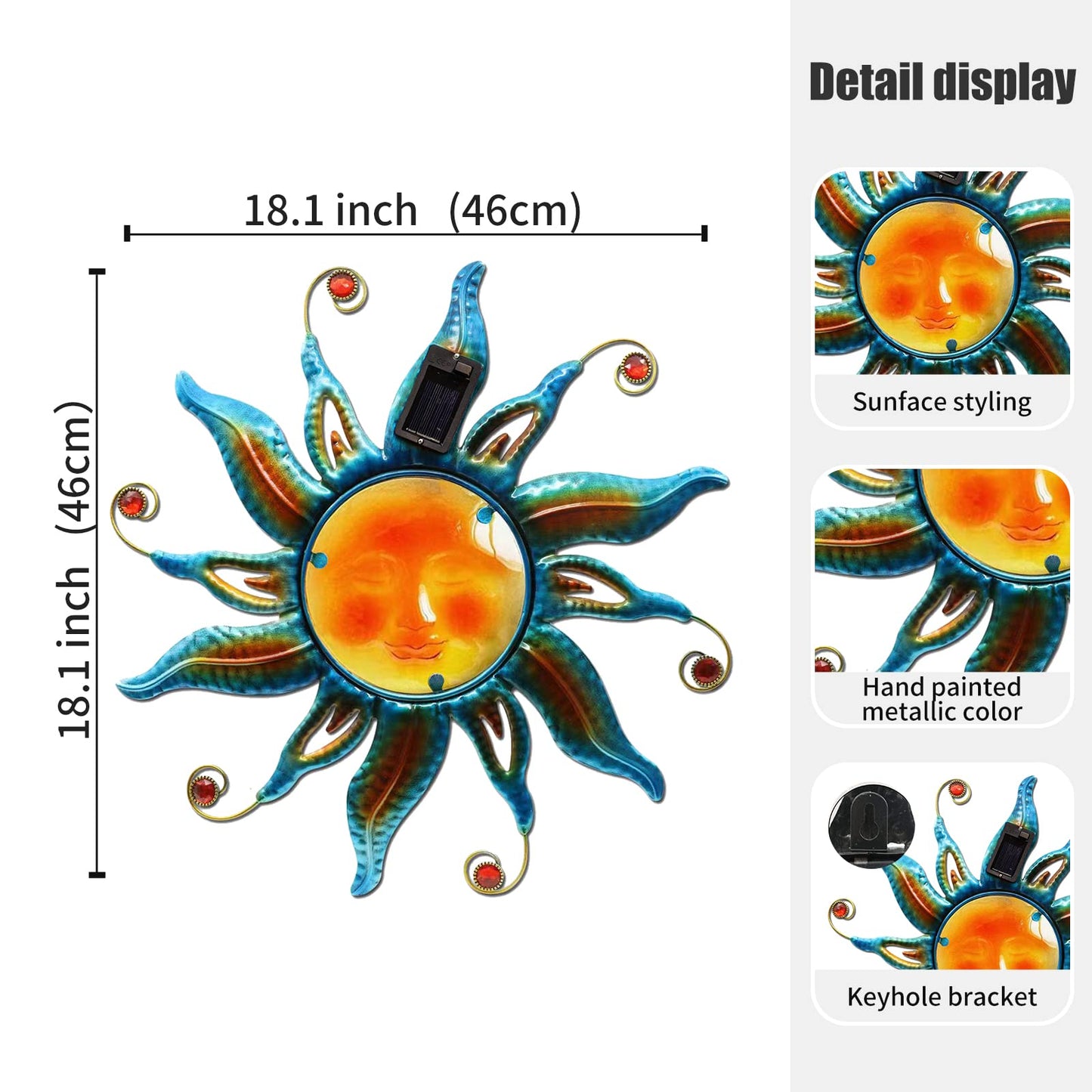 Fashionoda 18 "Solar Sun Face Wall Art - Metal Sculpture with LED Lights & Smiling Face, Outdoor Wall Hanging Fence Decorations (Blue)