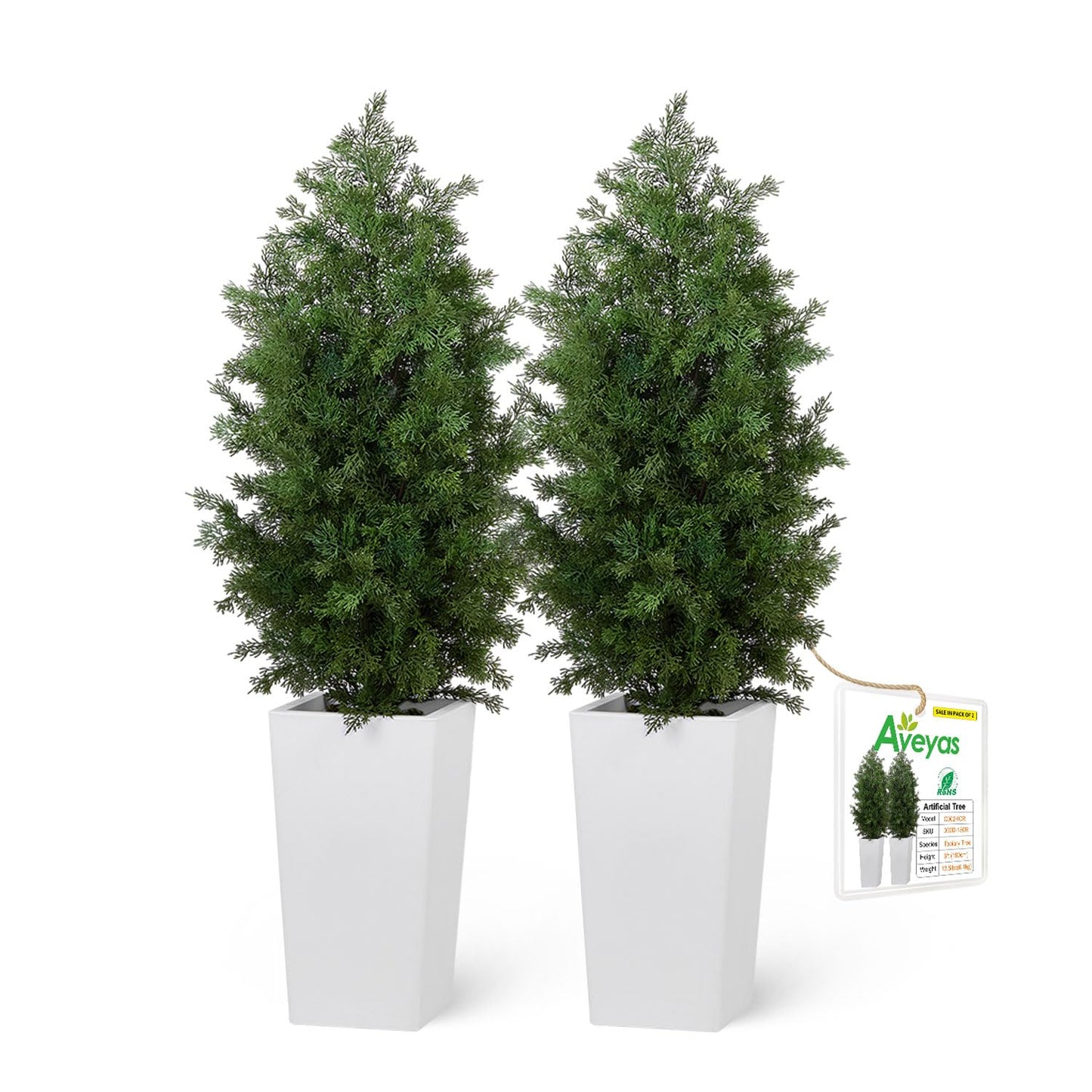 Aveyas 4ft Artificial Cedar Topiary Trees, 4 Feet Faux Potted Plants Evergreen Fake Pine Cypress Tree for Outdoor Porch Home Outside Door Decor (4 ft Tall Including Raised Pot) - Set of 2 Pack