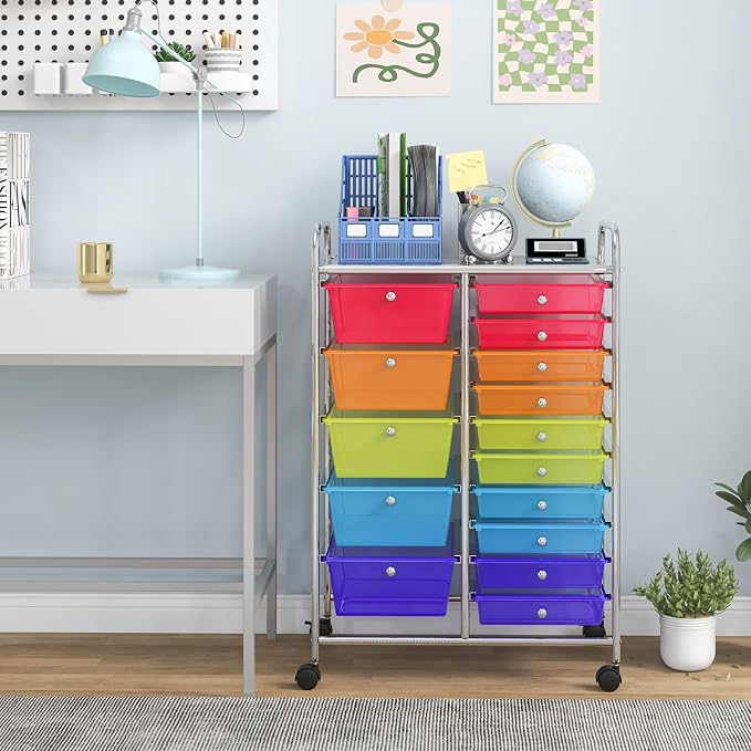 Giantex 15 Drawer Rolling Cart with Drawers, Storage Organizer Cart for Classroom Office School Teacher, Mobile Drawer Cart for Tools, Crafts, Small Printer, Paper (Clear Red+Orange+Green+Blue+Purple)
