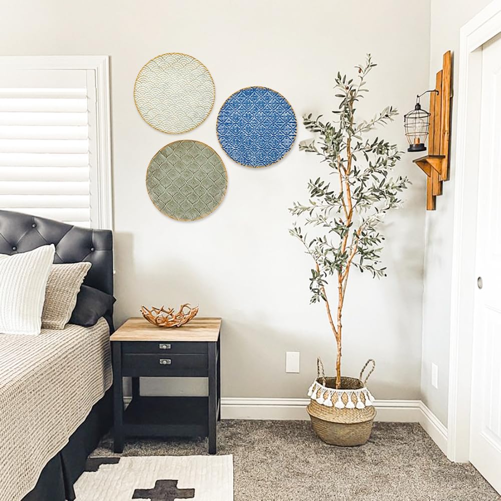 Briful 12" Wall Décor Pack of 3 Metal Blue White Washed Starbursts Radial Plate Wall Art Modern Accent Hanging Wall Decorations For Home Office Bedroom Or Living Room Wall Sculptures