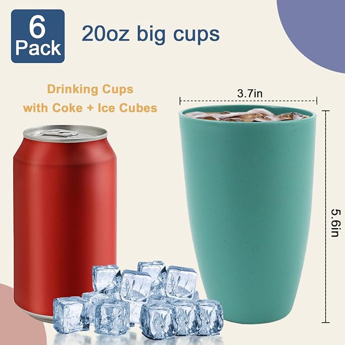 Wheat Straw Cups 20 OZ Large Capacity Set of 6, Unbreakable Drinking Cups Reusable, Alternative to Plastic Cups Reusable, Dishwasher Safe Water Tumblers (Multicolor)