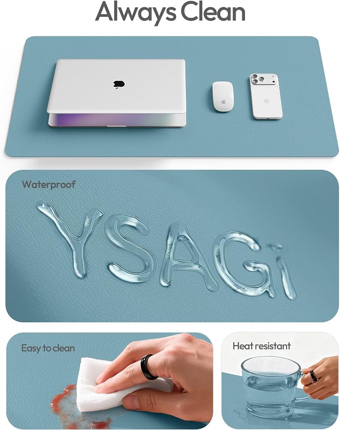YSAGi Leather Desk Protector, Office Mat, Large Mouse Mat, Non-Slip PU Leather Blotter, Laptop Desk Mat, Waterproof Writing Pad for Office and Home(Aquamarine, 42" x 17.2")