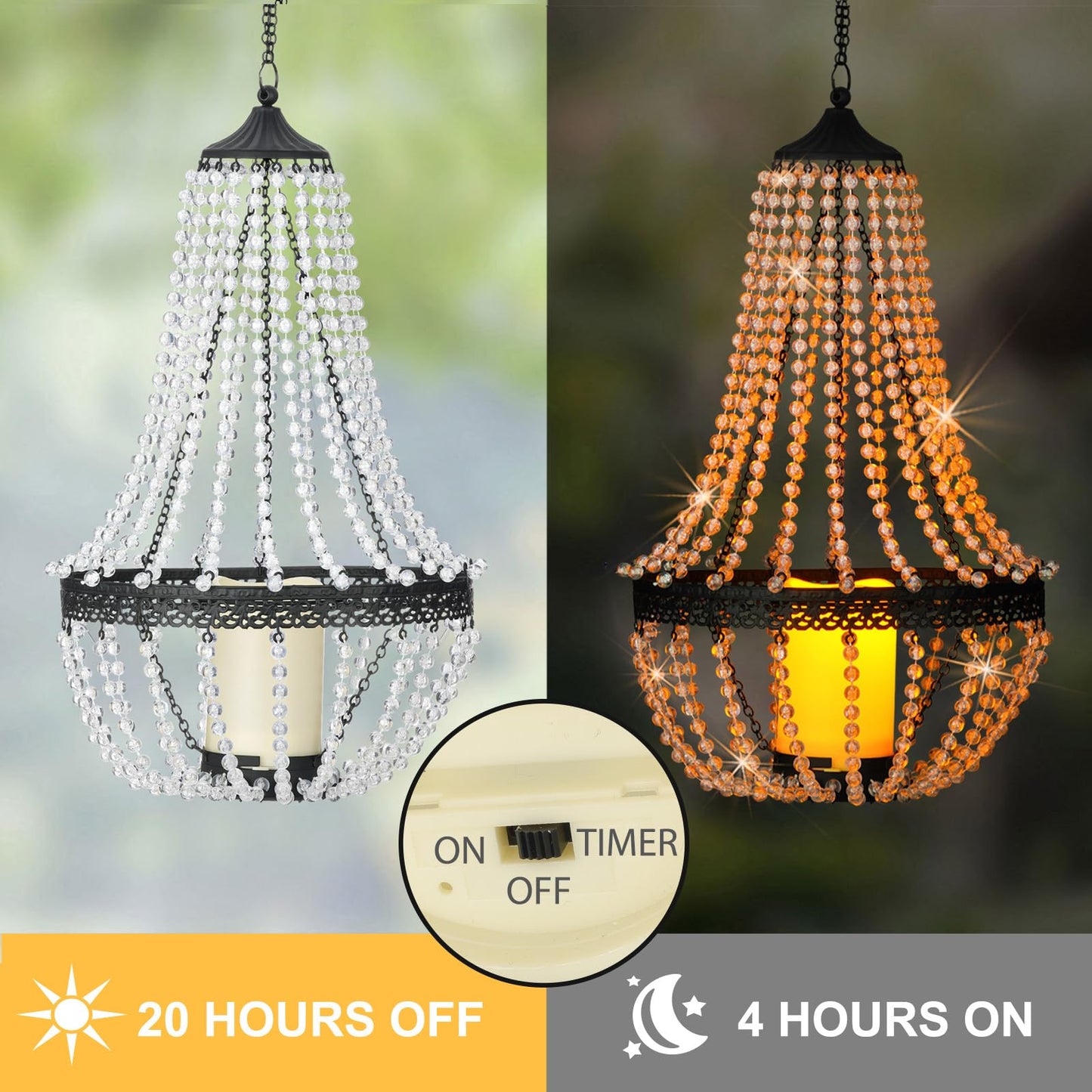 Hanging Candle Lantern Outdoor, 27” Battery Operated Modern Clear Acrylic Crystal Chandeliers with Flickering Yellow Led Candle Light S Hooks for Garden, Backyard, Gazebo, Room Indoor Indoor Decor