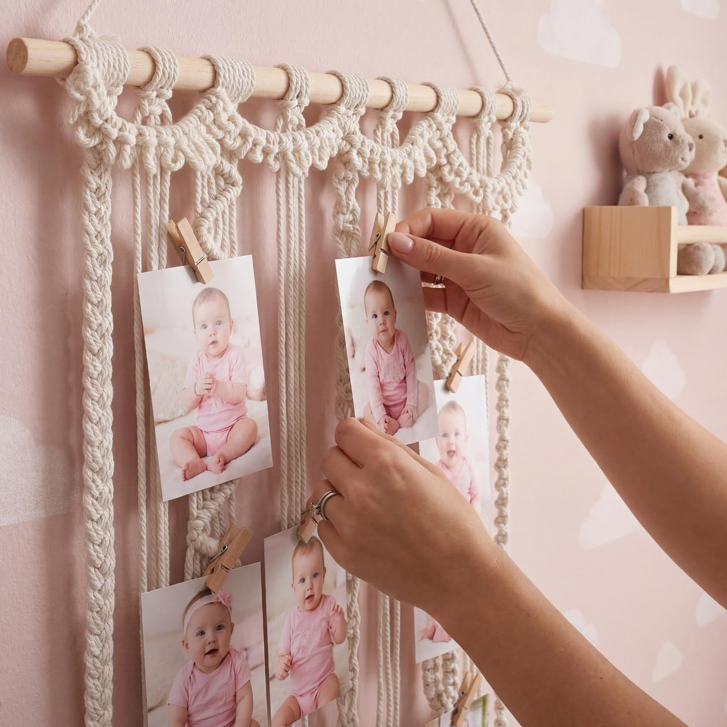 Lewtemi Macrame Hanging Photo Display Wall Decor with 30 Clips Boho Tassel Photo Wall Hanging Holder Art Decor for Frame Manager Picture Greeting Cards Collage Bedroom Home Dormitory Living Room