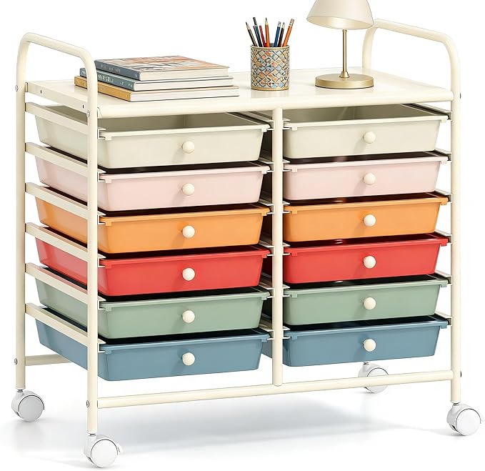 COSTWAY 12-Drawer Rolling Storage Cart, Utility Storage Organizer Cart for Tools, Scrapbook, Paper, Craft, Multipurpose Art Supply Organizer on Wheels for Home Office School, Teacher, Macaron