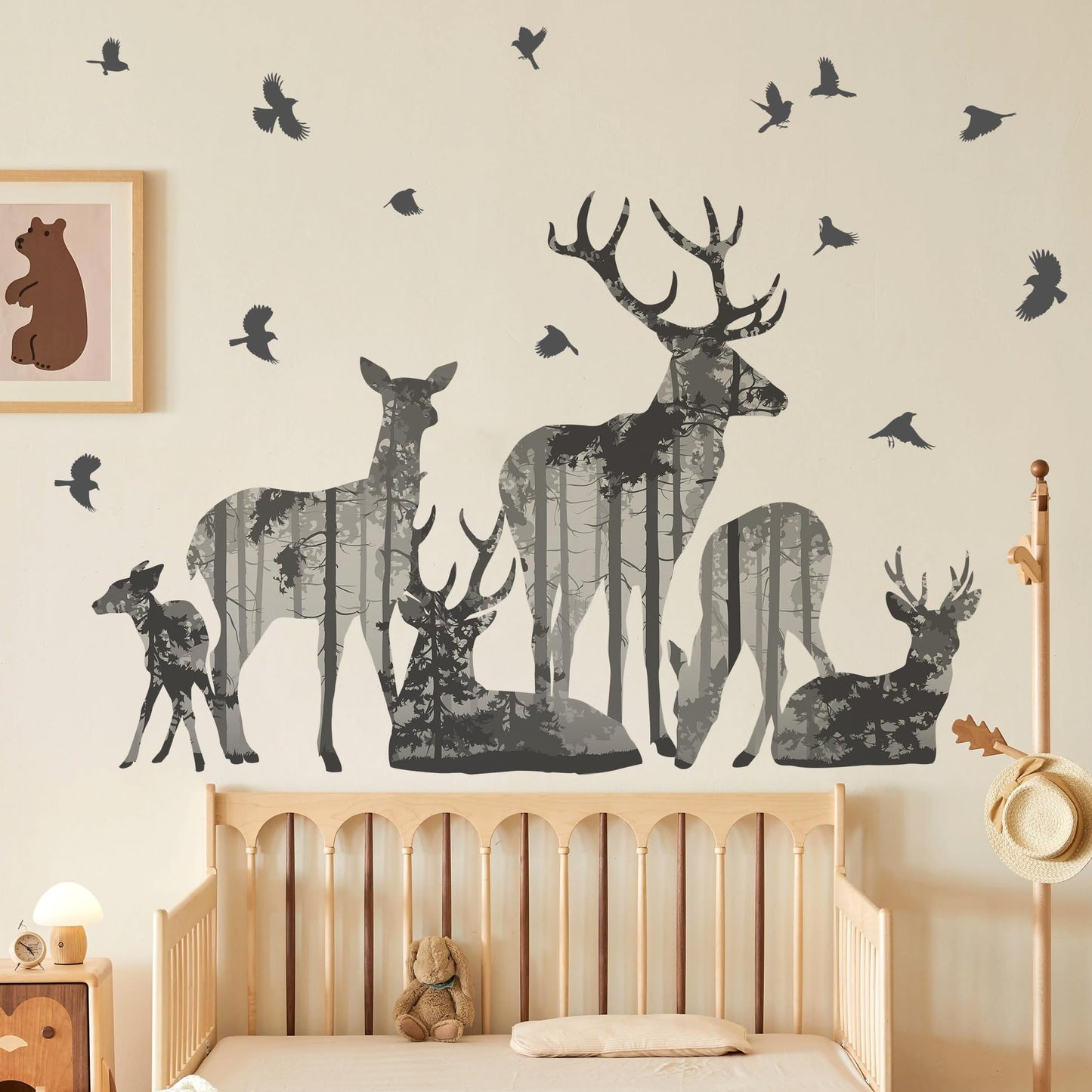 DRWSSR 2 Sheets Forests Silhouette Animals Wall Decals Removable Wild Elk Tree Wall Decals Peel and Stick Vinyl Birds Wall Art Decor for Children Nursery Bedroom Living Room Wall Corner Decor