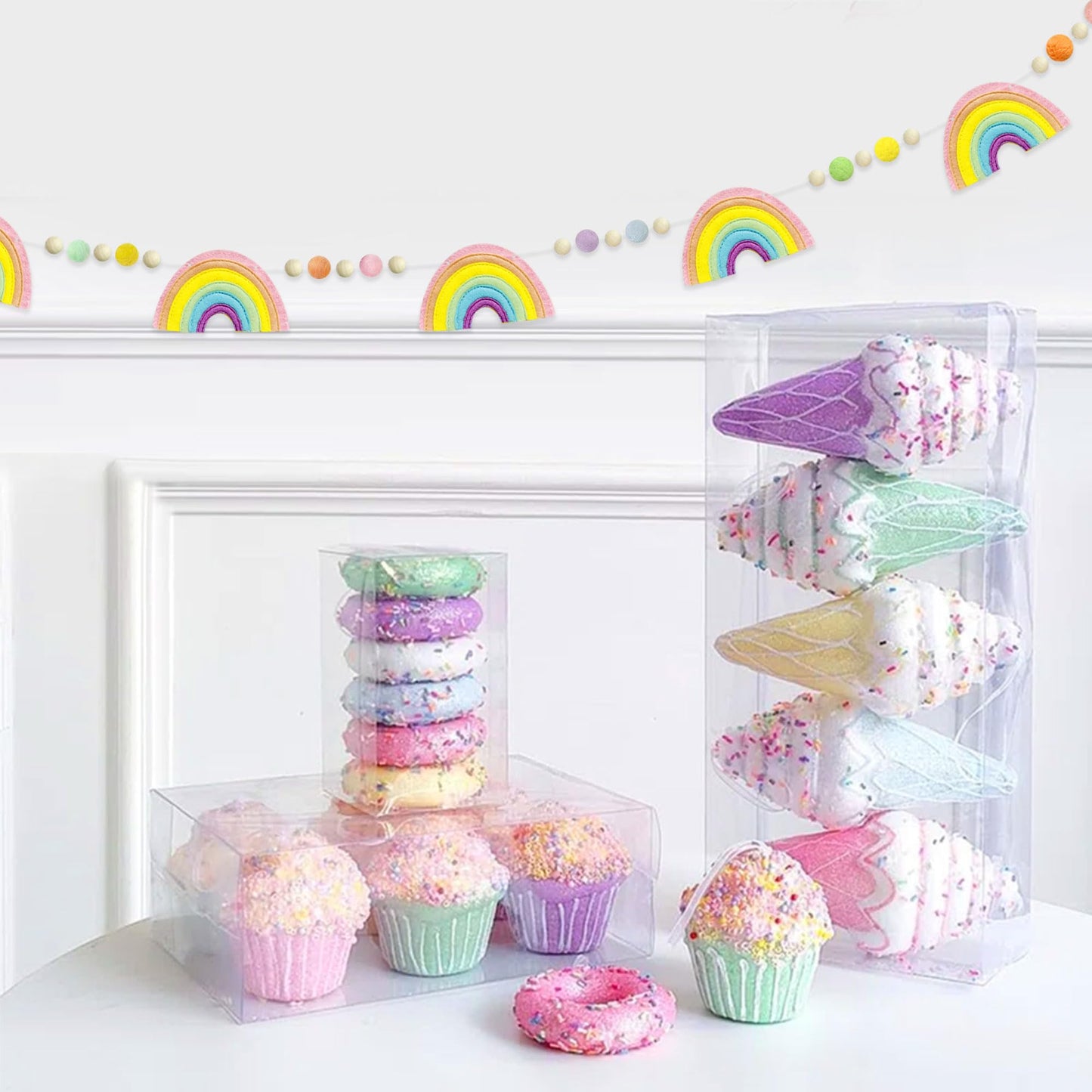 Pastel Pre-Strung Rainbow Banner Felt Wool Ball Wood Beads Garland Macaron Rainbow Garland for Women Kids Girls Unicorn Magic Birthday Party Decorations Sign Party Photo Prop Decor Supplies