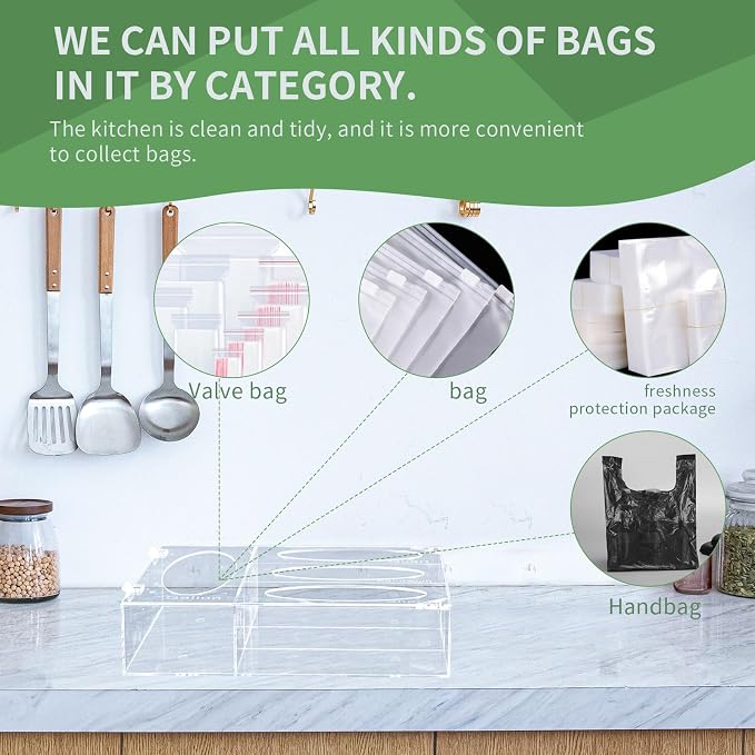 Acrylic Food Bag Storage Organizer, Acrylic Kitchen Drawer Bag Box Holder For Gallon Quart Sandwich And Snack, Compatible With Variety Size Bags Dispenser