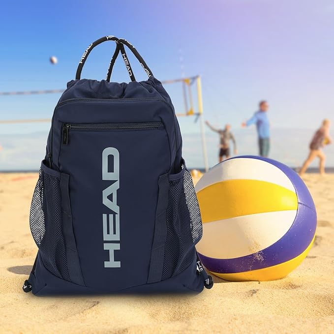 HEAD Waterproof Gym Sackpack for Sport with 2 Zipper Pockets, Large Drawstring Backpacks for Men with Side Pockets for Water Bottle (Blue)