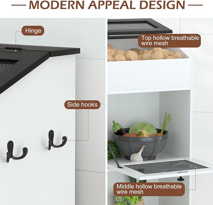 Wooden Potato and Onion Storage Bin w/Lid, Large Capacity and Ventilated Design, Ideal for Pantry, Kitchen White