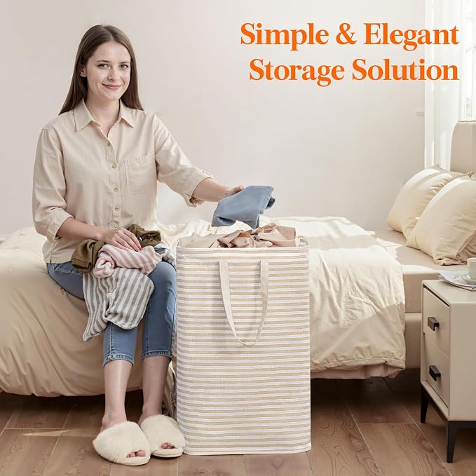 Lifewit 75L Large Collapsible Laundry Hamper, Tall Foldable Dirty Clothes Baskets Waterproof, Freestanding Design with Easy Carry Handles in Dorm Bedroom Bathroom College, Beige