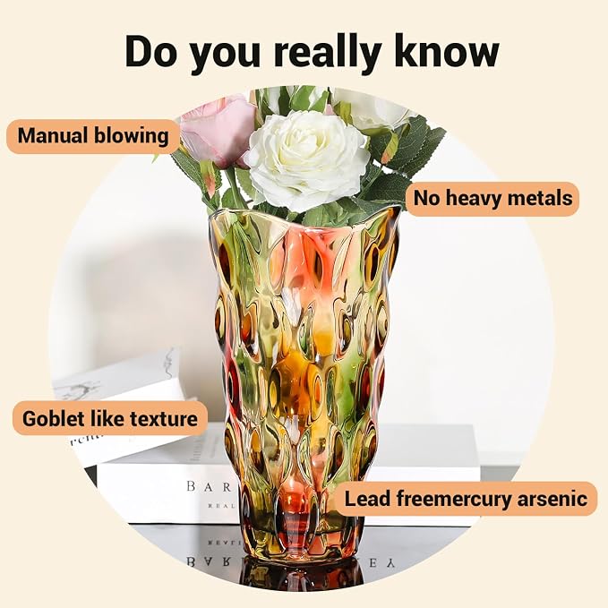 CEMABT 9.5inch 3.4 lb Glass Vases for Flowers Unbreakable Thickened Morden vase for Tables Centerpieces,Colorful,Vintage and Clear Rose Large Flower vases for Bouquet Unique Gifts（Rosa Colorful）