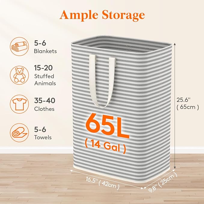 Lifewit 65L Large Collapsible Laundry Hamper, Tall Foldable Dirty Clothes Baskets Waterproof, Freestanding Design with Easy Carry Handles in Dorm Bedroom Bathroom College, Grey