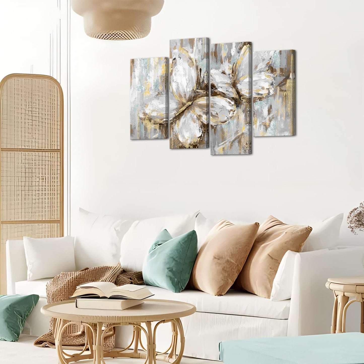 Biuteawal 4 Panel Abstract Butterfly Canvas Wall Art Cute Animal Picture Prints Modern Gold and Blue Painting Still Life Artwork Home Bedroom Living Room Decor Gallery Wrap