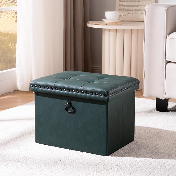 oakvivo Small 16 x 12 x12 Inches Folding Storage Ottoman, Faux Leather Foot Rest Stool with Rivet Design, Ottoman with Storage Vanity Stool Coffee Table for Living Room, Bedroom, Load 242 lbs, Green