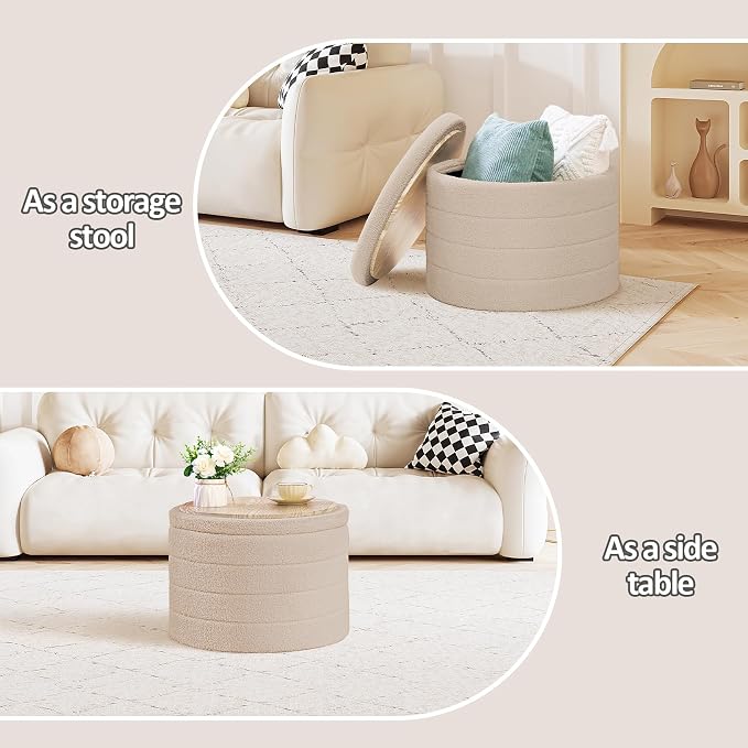 PINPLUS Round Ottoman with Stroage, Boucle Storage, Foot Stool Foldable Coffee Table Ottoman for Living Room, Bedroom, Dorm (Beige)