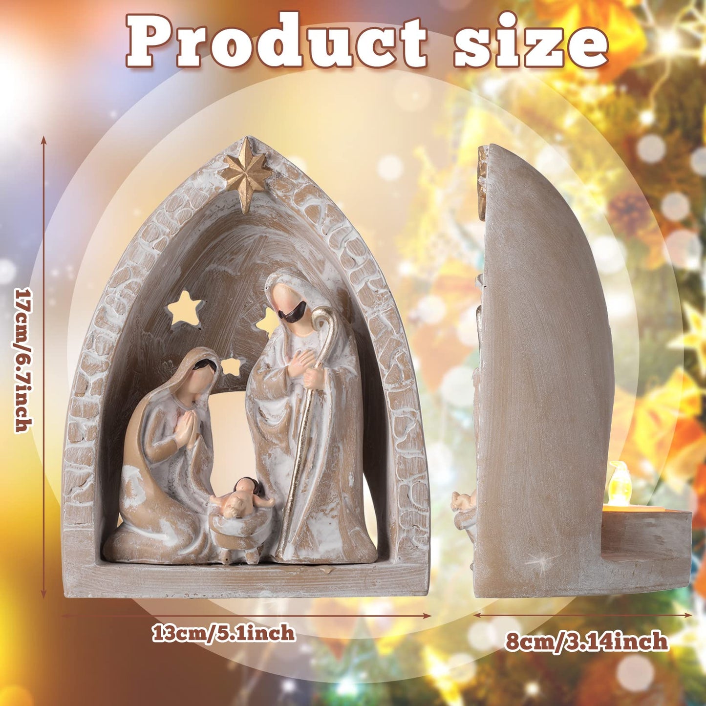 WILLBOND Nativity Sets for Christmas Indoor Holy Family Manger Scene Small Nativity Set with LED Lights Resin Figurine Tealight Candle Holder Tabletop Decor Gift for Holiday(6.7 x 5.5 x 3.9 Inch)