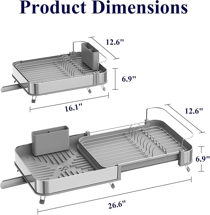 Kitsure Dish Drying Rack - Expandable Stainless Steel Dish Racks for Kitchen Counter, Auto-Drain Drying Rack for Kitchen with Cutlery Holder & Non-Slip Feet, 16.1-26.6" L x 12.6" W, Grey