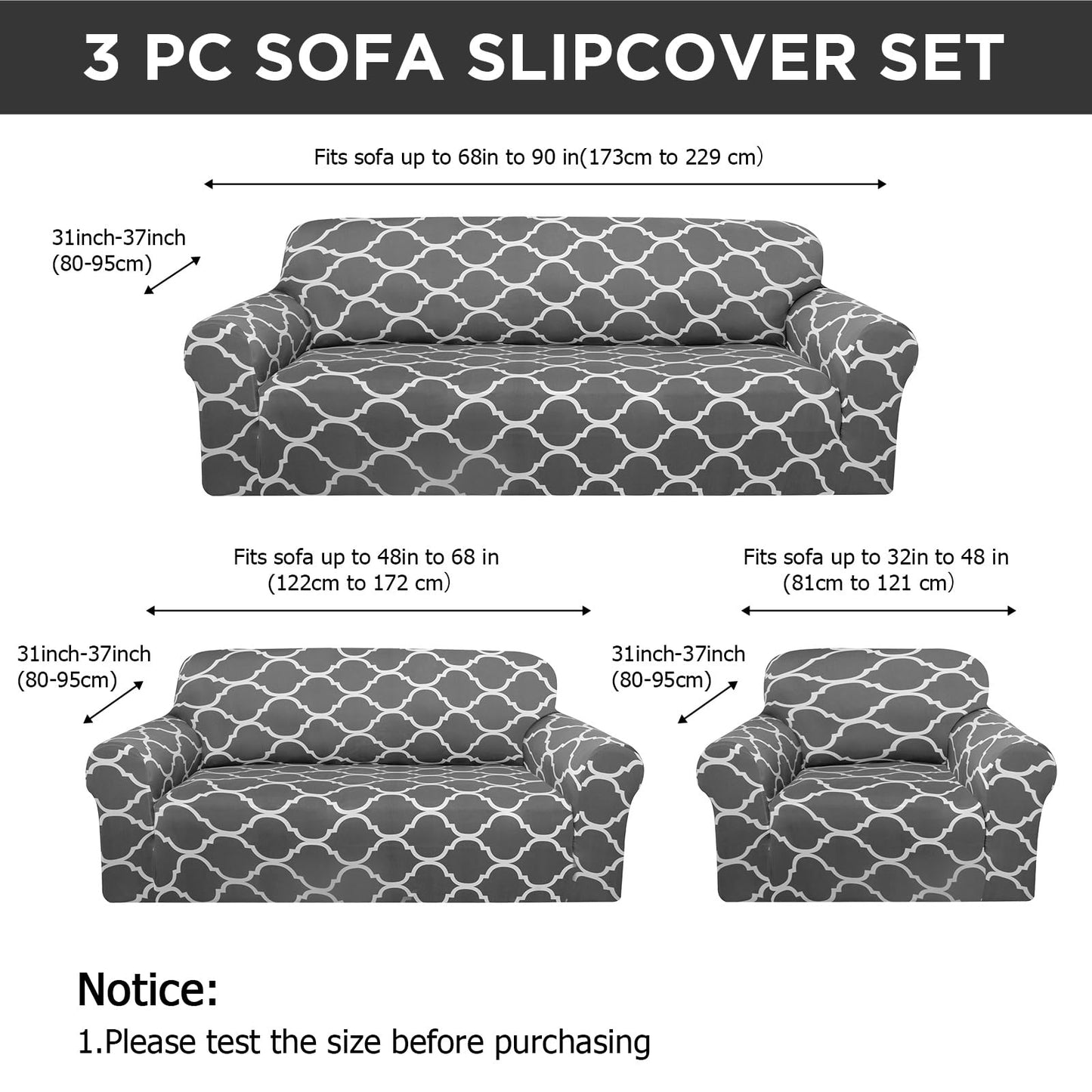 Peryiter 3 Pcs Couch Cover Set for Living Room Furniture Covers for Couch and Sofas Loveseat Arm Chair Slipcover, Furniture Protector, Stretch, Wrinkle Free (Dark Gray)