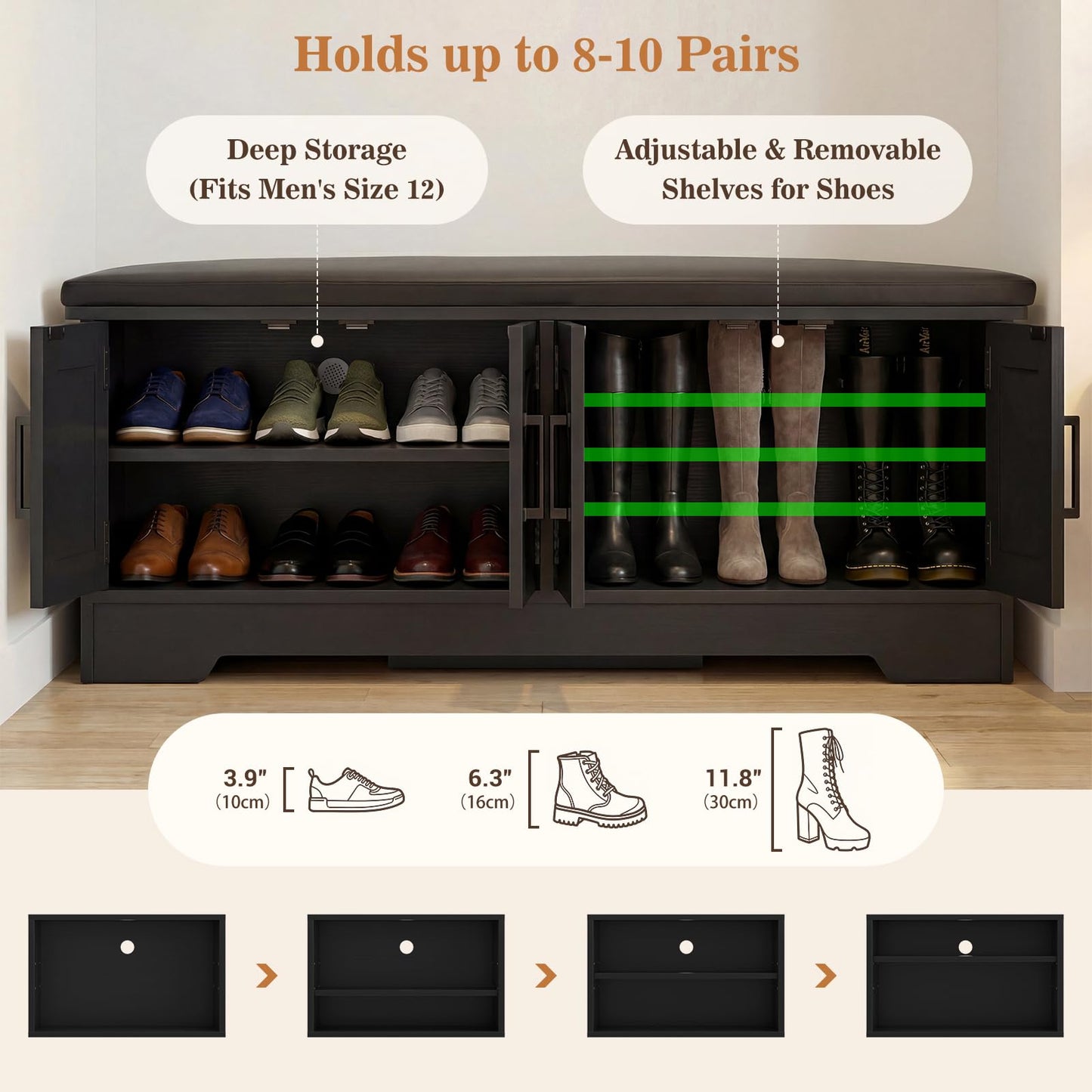 Farmhouse Shoe Storage Bench with Cushion - 43.3" Entryway Bench with Storage & 4 Barn Doors, 2-Tier Wooden Shoe Rack Bench, Hidden Shoe Cabinet & Mudroom Bench for Bedroom Hallway Living Room, Black