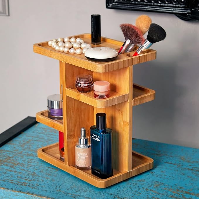 RoyalHouse Bamboo 360 Degree Rotating Makeup Organizer, Display Cosmetic Organizer, Multi-Function Storage for Makeup Desk, Bathroom, Bedroom, Closet, and Toiletries (Pack of 2)