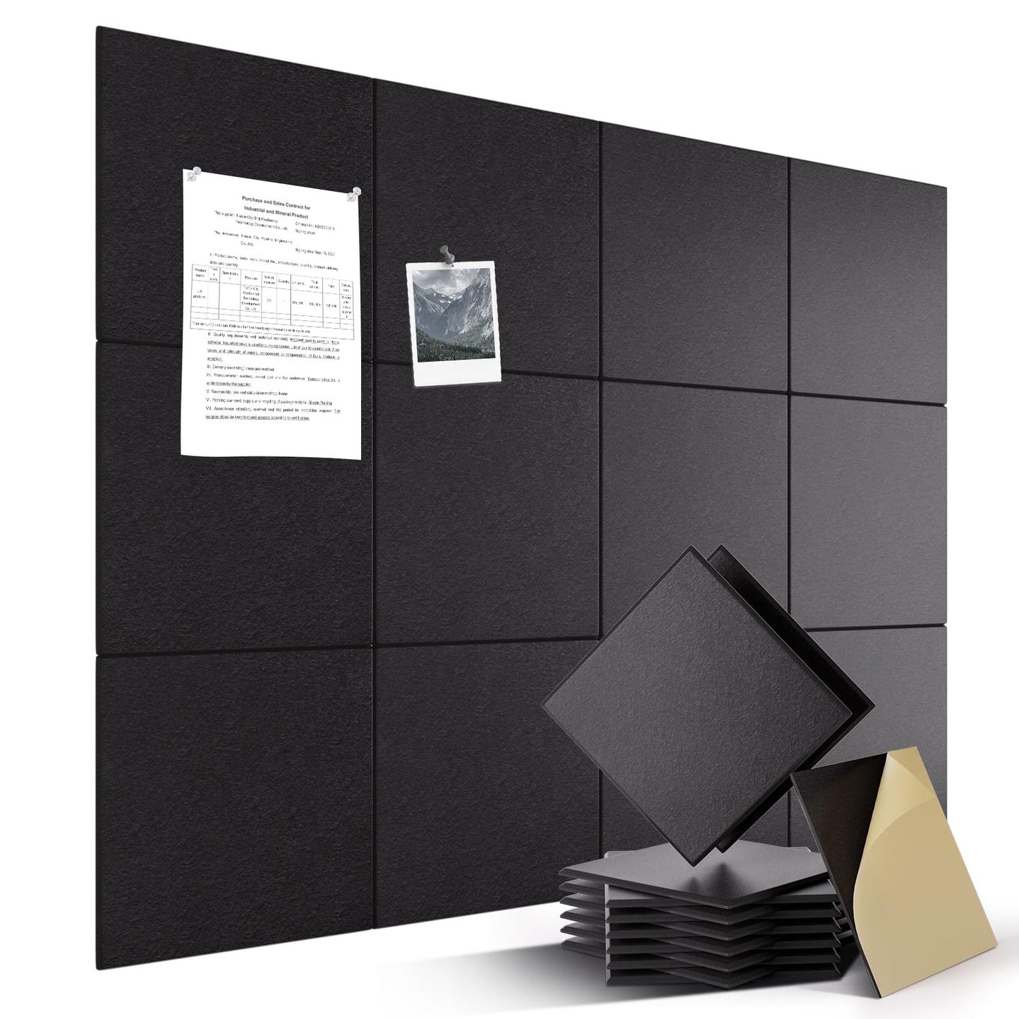 Large Felt Bulletin Board 48" x 36" Self Adhesive Cork Board Alternative 12 Pack Felt Wall Tiles Cork Boards For Walls Thick Slat Wall Panels For Home Office Classroom Decor Pin Board-Black