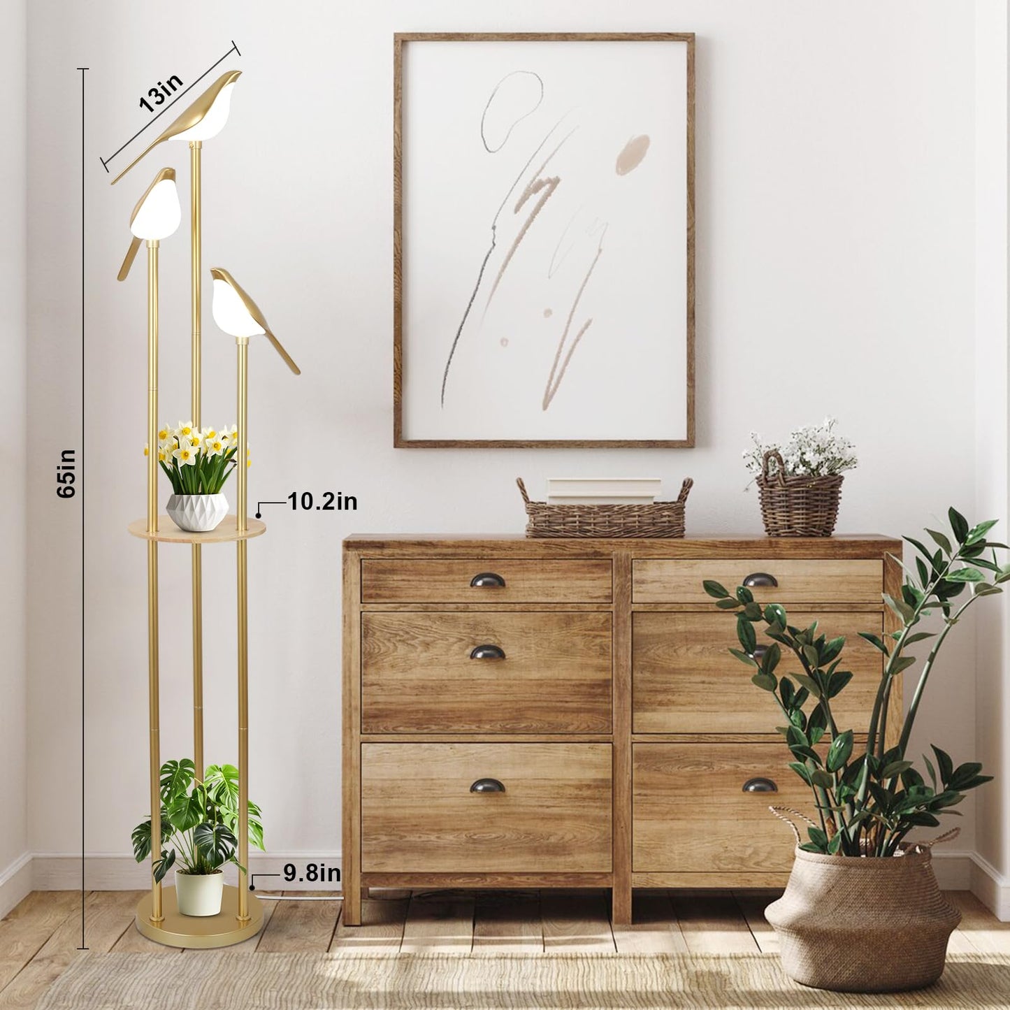 Gold Floor Lamps for Living Room, Modern Floor Lamp with Shelves, Mid Century Standing Lamp with 3 Adjustable LED Bird Lights, Corner Tall Lamp with Table, Brass Stand up Lamp for Bedroom Kids Room