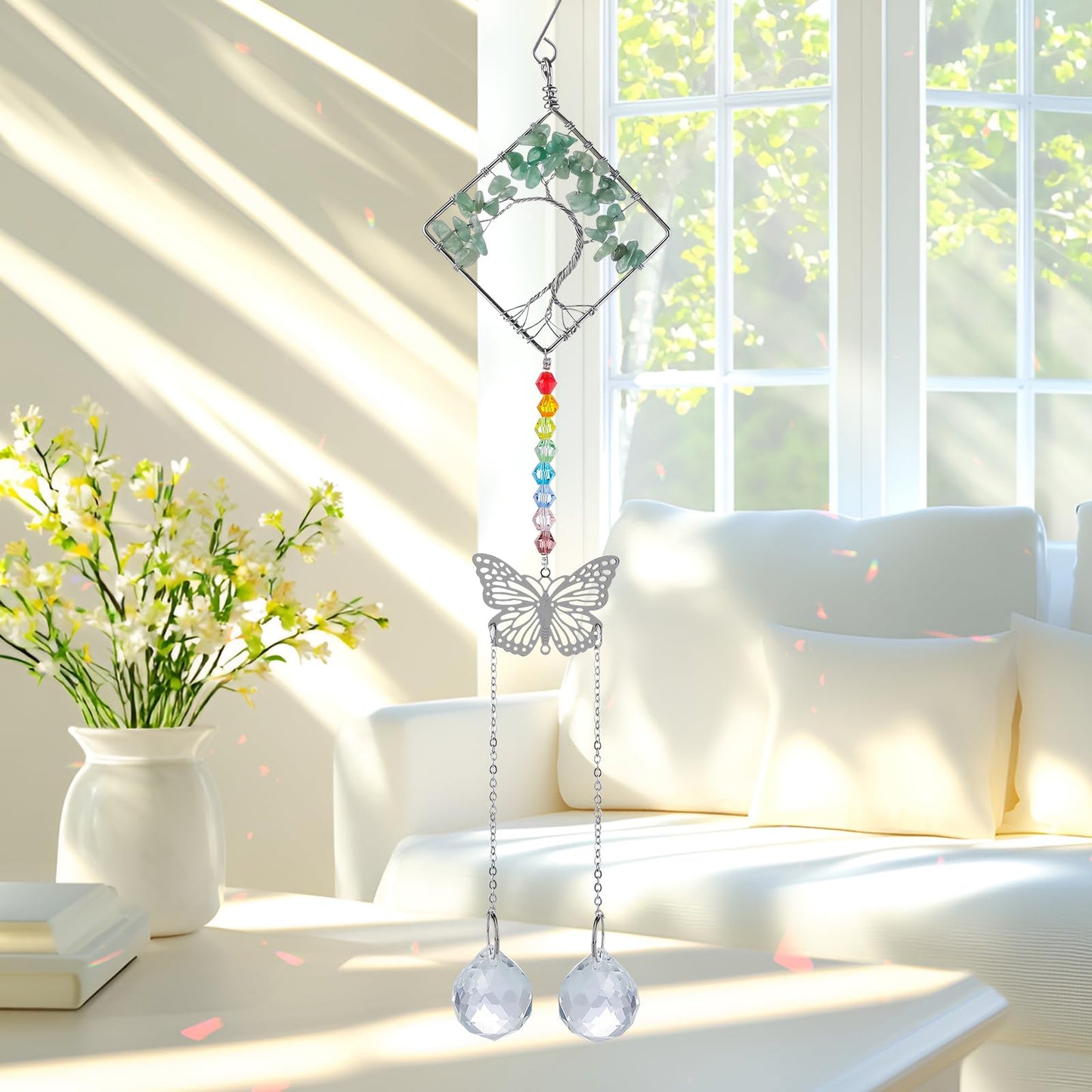 Crystal Suncatchers Butterfly Prism Green Tree of Life Ornament, Clear Prisms Ball for Windows Wall Home Wedding Hanging Decor