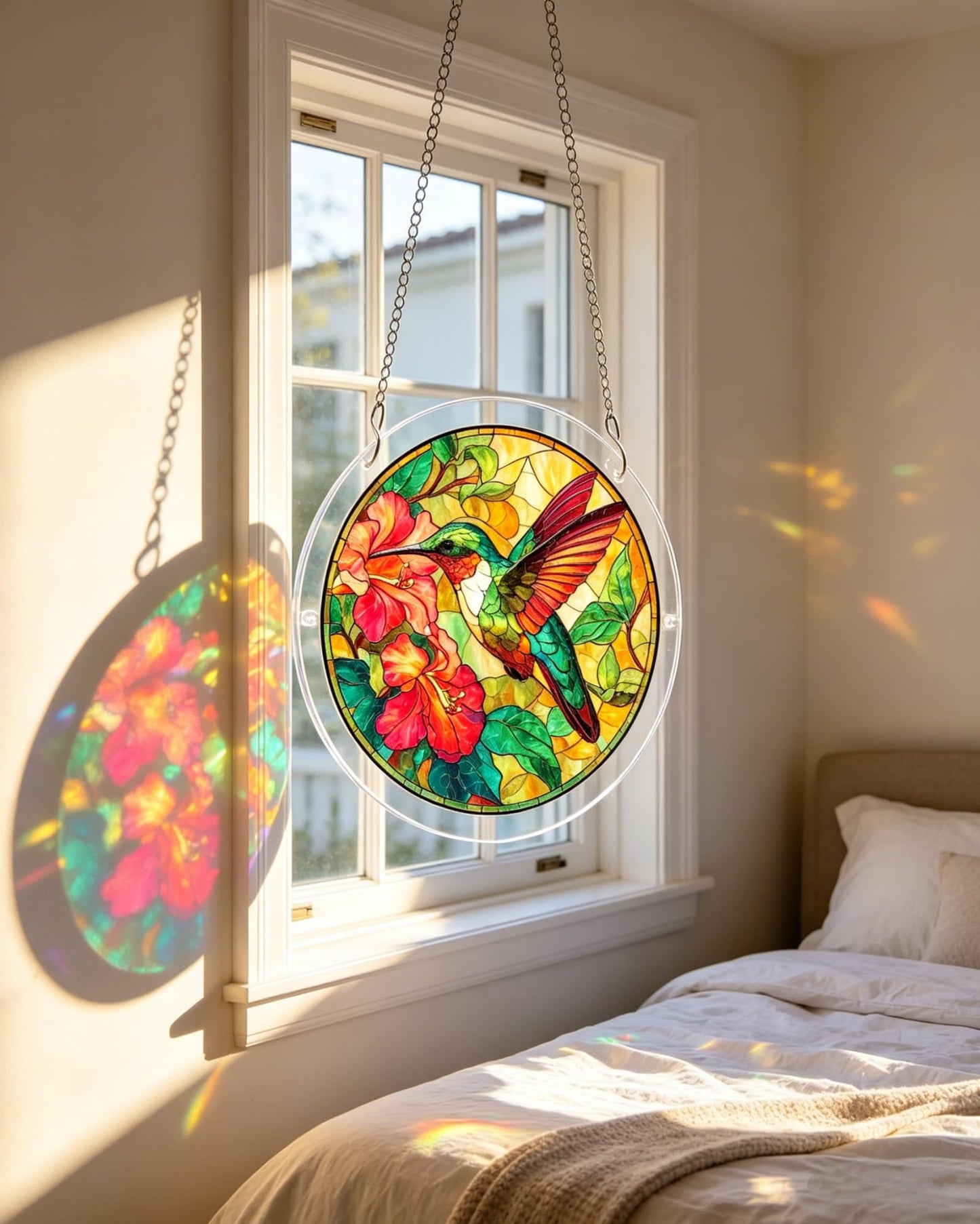 FINEED Acrylic Jigsaw Puzzle Suncatcher, 83 Pcs Stained Glass Window Hanging, Emerald Flame Hummingbird DIY Sun Catcher with Metal Chain, Garden Home Decor, Creative Gift for Women Mom Wife Grandma