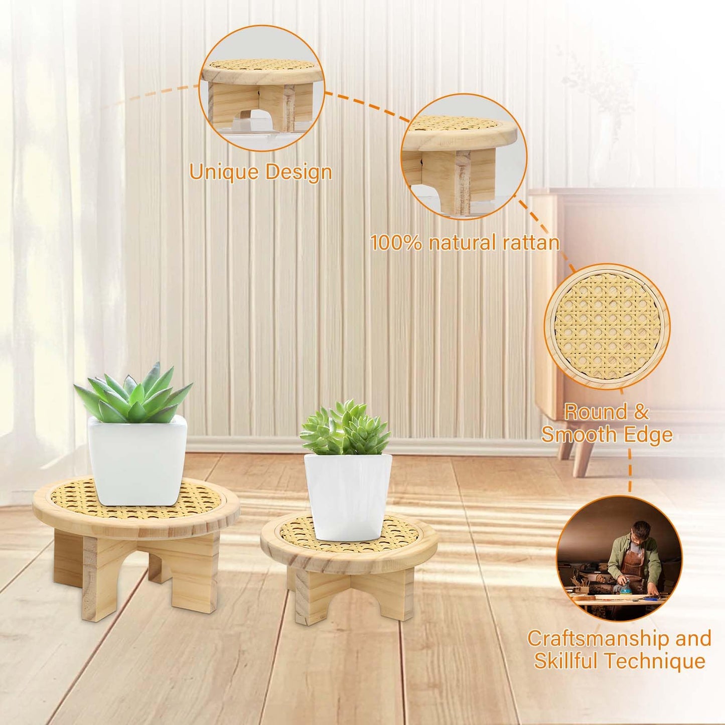 BXAIGR Small Plant Stand Set - 5" & 6" Display Shelf with Rattan Decor, Rustic Wooden Riser for Indoor Plants, Home Office Desk, Window Sill Decor