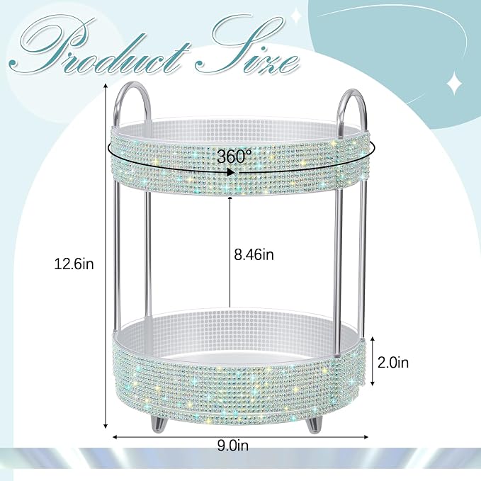 Honeydak 360 Rotating Perfume Organizer Gift for Women, Rhinestone Preppy Skincare Organizer Bathroom Counter Makeup Holder Skincare and Perfume Storage for Cosmetic(2 Tiers,Resin Diamond,AB Color)