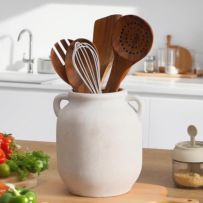 Ceramic Flower Vase Home Decor - Farmhouse Rustic White Table Vases with Handle Living Room Decoration Decorative Vintage Pottery for Kitchen Shelf Coffee Dining Desk Bookshelf Fireplace (7.6" Rustic)