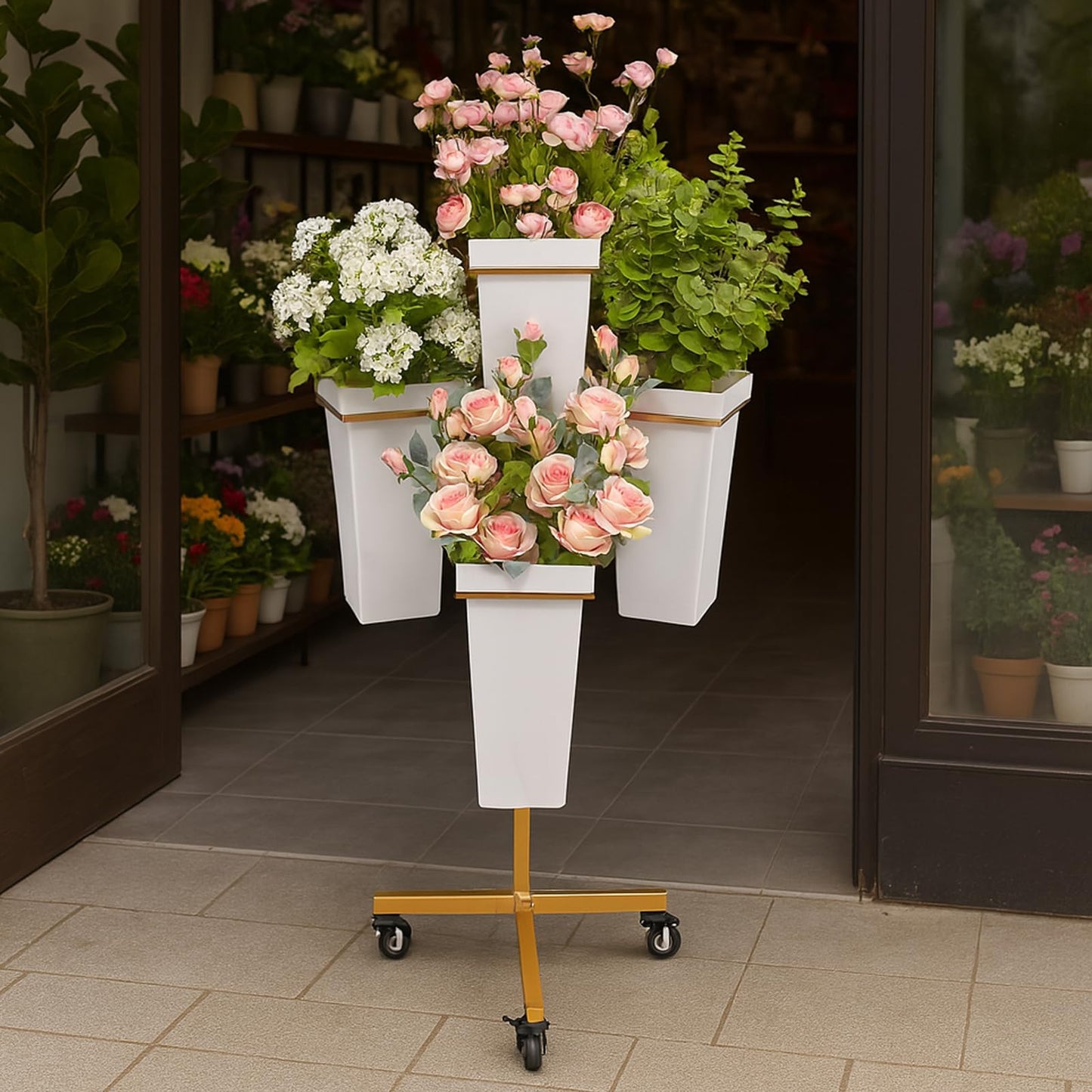 FEFZSFER Flower Display Stand with Buckets - Flower Cart with Wheels for Bouquet Shop, Metal Flower Rack Display Stand for Wedding Garden, Party, Events (Gold, Square buckets)