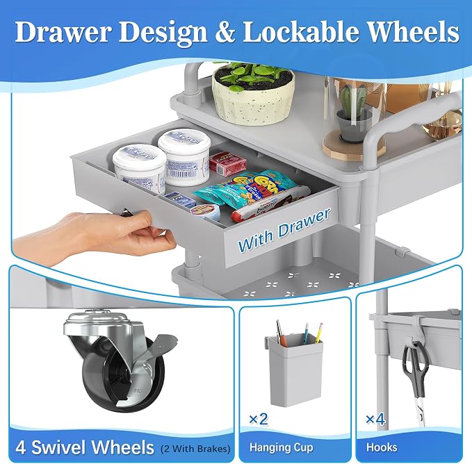 SUNALLY 3 Tier Rolling Cart with Drawer, Bathroom Storage Organizer with 2 Lockable Wheels, Multifunctional Rolling Storage Cart for Bathroom, Kitchen, Office, Craft, Makeup, Baby Essentials, Gray
