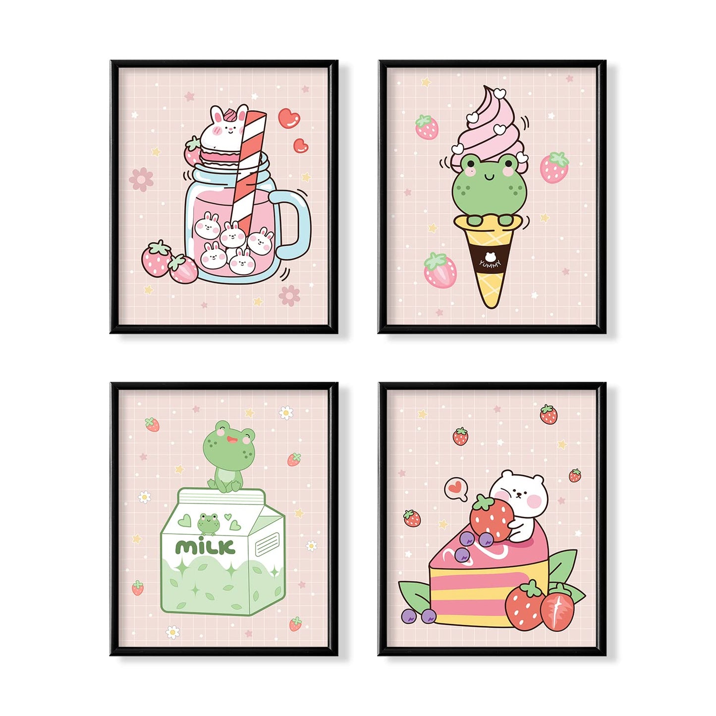 Kawaii Japanese Anime Wall Decor for Dining Room - Pink Cute Kitchen Room Decor - Aesthetic Rabbit Frog Strawberry Poster Print for Teen Girl Bedroom Wall Art - Kids Nursery Gifts - Apartment Pictures