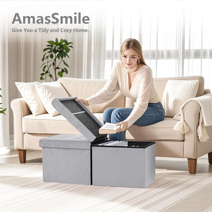 AmasSmile® Storage Ottoman Foot Rest Stool, 34 inch Velvet Footstool Bench, Short Ottoman Stool, Small Folding Storage Ottoman Store Books, Records, Grey