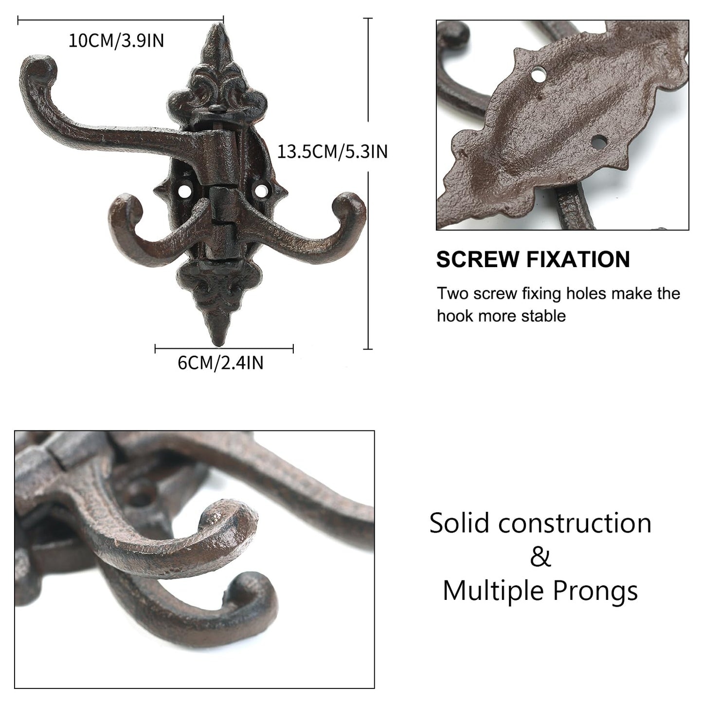 Sungmor 2-Pack Cast Iron 3-in-1 Flexible & Functional Swivel Wall Hook - Vintage Coat Hook Garden Planter Hanger - Heavy Duty Solid Metal Swing Hook - Clothes Hats Towels Bags Pots Tools Hanger