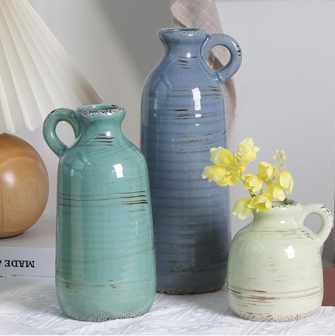 Ceramic Vase Set of 3, Vase with Handle, Modern Farmhouse Vases for Pampas Grass & Dried Flowers, Flower Vase for Table Living Room Home Decor-Multicolor